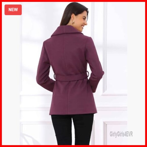 Women's Pea Coat with Belt, Lapel Collar, One Button, Polyester, Regular Fit - Picture 2 of 7